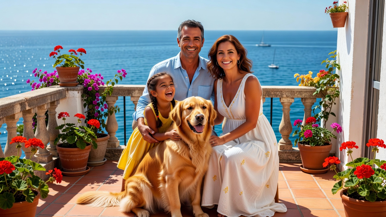 Familia feliz con su perro en la playa